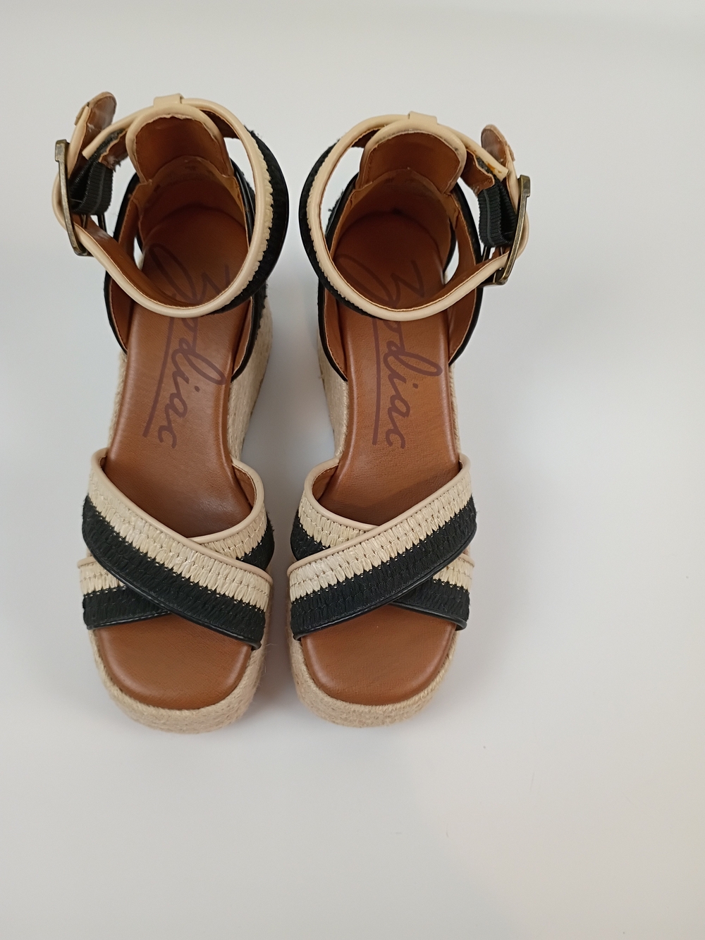 Zodiac Black and Beige Braided Espadrille Wedge Sandals
